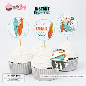 INSTANT DOWNLOAD - EDITABLE Surf&#39;s Up Birthday 2&quot; Cupcake Toppers - Summer Surf Party decorations Surf favor tags 436
