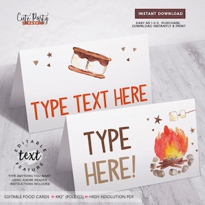 INSTANT DOWNLOAD, EDITABLE S&#39;more Birthday Food card, Camping birthday decorations, S&#39;mores Bonfire birthday place cards, Smore supplies 456