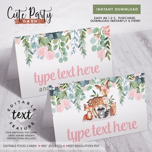 INSTANT DOWNLOAD - BEWERKBARE Girl Woodland Baby Shower Voedselkaarten, Woodland girl tentkaarten, Woodland Girl Decoratie, Floral groen bos
