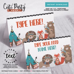 Wild One Birthday Food Cards: Boho Animals, Editable Place Cards (Instant Download)