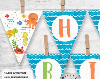 May include: Editable printable banner with blue and white waves and white circles with the letters "H", "A", "B", and "I" in orange, green, and light green. The text "Editable text feature" is in a circle with a glittery background.