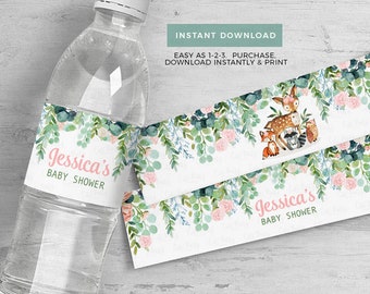 May include: Water bottle labels with a woodland theme. The labels feature a deer, fox, raccoon, and owl with pink flowers and greenery. The text on the label reads "Jessica's Baby Shower".