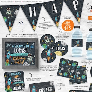 EDITABLE Astronaut Birthday Printable Decor, Rocket party, Outer Space decor bundle, Spaceship party digital download INSTANT DOWNLOAD 380