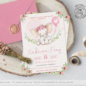 Cute Elephant Baby Shower Invitation girl INSTANT DOWNLOAD EDITABLE Greenery Boho Baby Elephant Invite floral Printable corjl invitation