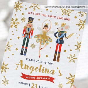 May include: A Nutcracker-themed birthday party invitation with gold snowflakes and glitter. The invitation features a ballerina, a nutcracker, and a mouse king. The text reads "Let's get this party cracking!" and "Please join us for Angelina's Second Birthday!"  December 23rd at 11:00 am. 123 Manchester Avenue, Placentia, CA. Kindly RSVP to Kayla at 555.1234.
