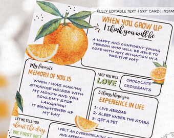 Puede incluir: Una tarjeta imprimible con un diseño de acuarela de naranja y hojas verdes. La tarjeta tiene el texto "Cuando crezcas, creo que serás" y enumera varias cosas que el destinatario amará, experimentará en la vida y nunca olvidará. La tarjeta está diseñada para una celebración de cumpleaños.