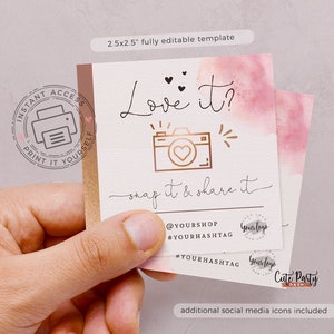 Snap and Share kaartsjabloon, Bedankt voor uw bestelling insteekkaart bewerkbare aquarel INSTANT DOWNLOAD Roze goud Social Media sticker BU004