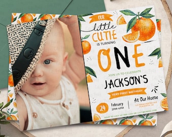 Editable Little Cutie birthday Photo invitation, Clementine Orange First birthday invite, Digital download Citrus Corjl INSTANT DOWNLOAD 482