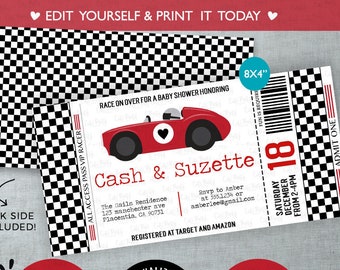 Red Race Car Baby Shower Ticket Invitation (Editable, Instant Download)