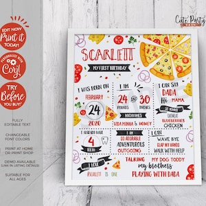 Pizza party Birthday milestone poster, Editable Printable Chalkboard Sign Pizza party decoration, baby milestones sign #200 INSTANT DOWNLOAD