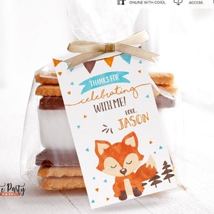 Editable Fox Birthday Favor tags, Woodland Fox birthday thank you tag, Fox woodland baby shower gift tag template 458 INSTANT DOWNLOAD