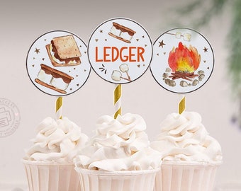 INSTANT DOWNLOAD, EDITABLE S'more Birthday cupcake toppers, 2" circles, favor tags Camping birthday decorations S'mores Bonfire birthday 456