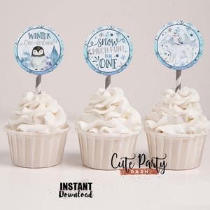 INSTANT DOWNLOAD, Winter Onederland cupcake toppers, Wonderland birthday decorations, Snow much fun to be one Penguin party, 100