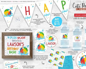 May include: Printable party decorations for a birthday party with a water and beach theme. The decorations include a welcome sign, pennant banner, cupcake toppers, water bottle labels, favor tags, food cards, party signs, and straw flags. The decorations feature a colorful beach ball with water splashes and the text "Splish Splash! Welcome to Lawson's Birthday Bash!"