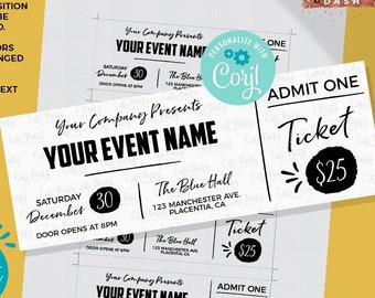 INSTANT DOWNLOAD, EDITABLE Event Ticket Printable Event Tickets Event Ticket Template Printable Event Fake Pass corjl template ticket