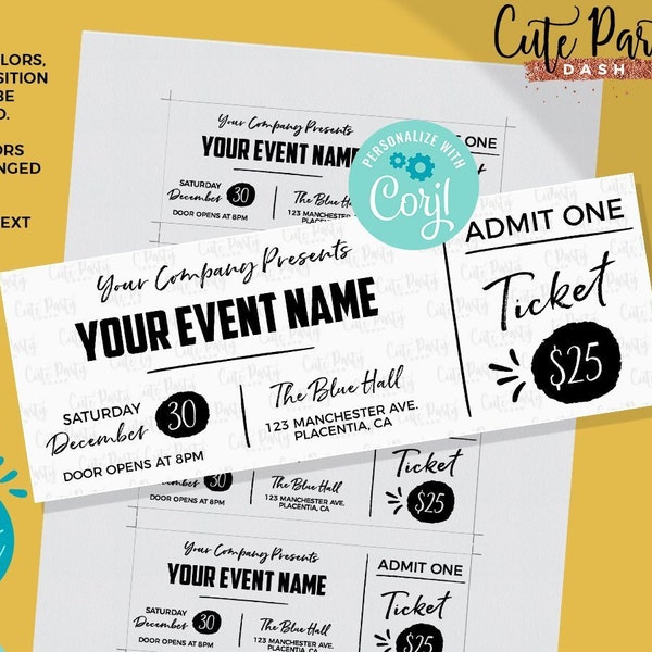 INSTANT DOWNLOAD, EDITABLE Event Ticket Printable Event Tickets Event Ticket Template Printable Event Fake Pass corjl template ticket