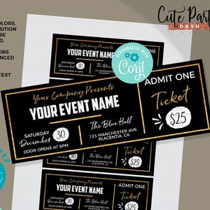 INSTANT DOWNLOAD EDITABLE Event Golden Ticket Printable Event Black Gold Ticket Template Printable Event Fake Pass corjl template ticket image 1