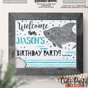 Editable Shark Birthday Welcome Sign: Watercolor Under the Sea (PDF)