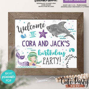 INSTANT DOWNLOAD, EDITABLE Mermaid and Shark birthday Welcome Sign Shark and mermaid door sign Sibling under the sea poster joint party, 457