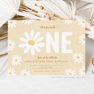 Daisy First Birthday Invitation: Retro Floral, Editable (Digital Download)