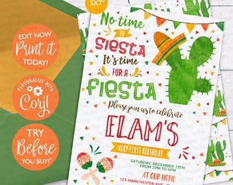 INSTANT DOWNLOAD - EDITABLE Fiesta Birthday invitation printable Fiesta corjl invitation Mexican Cactus party invitation No time to siesta