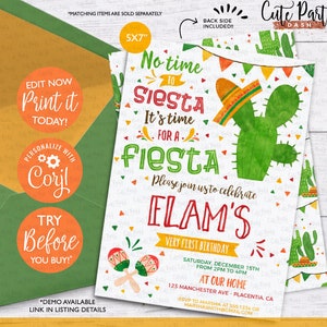 INSTANT DOWNLOAD - EDITABLE Fiesta Birthday invitation printable Fiesta corjl invitation Mexican Cactus party invitation No time to siesta