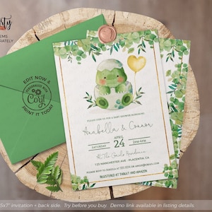 Cute Dinosaur Baby Shower Invitation INSTANT DOWNLOAD EDITABLE Digital Gender Neutral Greenery Dino invite Template corjl invite 205