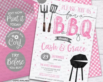 INSTANT DOWNLOAD - Editable BBQ Baby Shower invitation Pink Barbecue Girl baby shower corjl Invitation babyq editable digital download