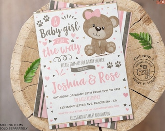 SOFORTIGER DOWNLOAD, EDITIERBARE Mädchen-Kleiner-Bär-Baby-Dusche-Einladung, rosa und braune Teddybär-Einladung, Mädchen-Baby-Dusche Corjl-Einladung,