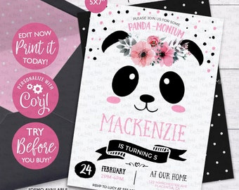 Floral Panda Birthday Invitation: Girl Party, Printable 5x7 (Digital Download)