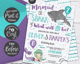 May include: A printable 5x7 inch invitation for a mermaid or shark themed birthday party. The invitation features a mermaid with a purple tail and a shark with a blue balloon. The text on the invitation reads "Mermaid or Shark What will you be?" and "Oliver & Harper's Birthday Bash".