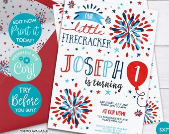 May include: A 5x7 inch printable invitation for a first birthday party. The invitation features a red, white, and blue color scheme with fireworks and stars. The text on the invitation reads "Our little firecracker Joseph is turning 1".