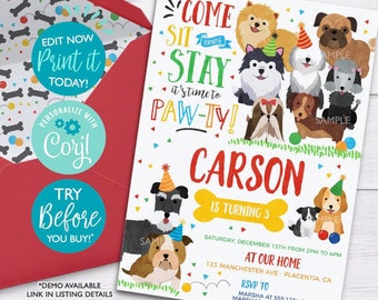 Invitación editable para fiesta de cumpleaños de cachorros: Adopción de perros (descarga digital)