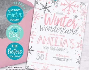 SOFORTIGER DOWNLOAD - EDITIERBARE Winter ONEderland Geburtstagseinladung Winter Wonderland corjl Einladung Mädchen rosa One-Derland kleine Schneeflocke