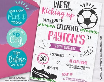 May include: A 5x7 inch printable invitation for a soccer-themed birthday party. The invitation features a soccer ball, a soccer cleat, and the text "We're kicking up some fun to celebrate Payton's 5th birthday". The invitation is decorated with green and pink accents.