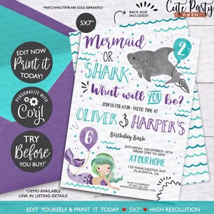 Mermaid or Shark Birthday Invitation: Editable Twins Party (Digital Download)