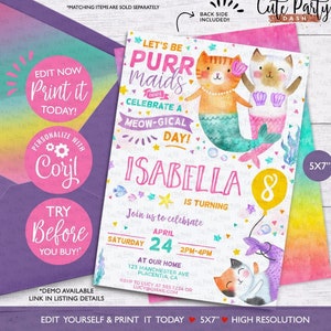 INSTANT DOWNLOAD - EDITABLE Purrmaid Birthday Party invitations Cat mermaid Birthday corjl invitation Printable meowmaid kitten mercat