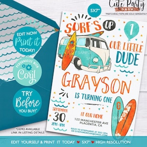 EDITABLE Surfs Up Birthday invitation template Digital INSTANT DOWNLOAD Surf themed Birthday Party printable invite Big One Surf beach 436