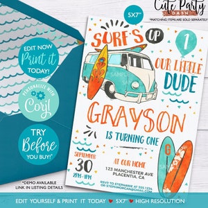 EDITABLE Surfs Up Birthday invitation template Digital INSTANT DOWNLOAD Surf themed Birthday Party printable invite Big One Surf beach 436