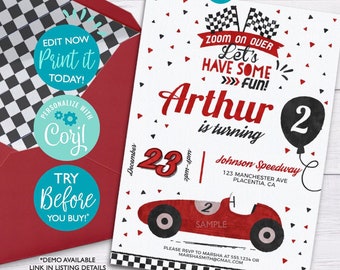 Red Race Car Birthday Ticket Invitation: Editable Corjl Template (Digital Download)
