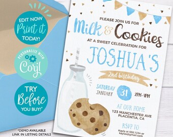 May include: A blue and brown invitation for a 2nd birthday party with the text "Milk & Cookies" and "Joshua's 2nd birthday". The invitation features a cartoon illustration of a glass bottle of milk and a chocolate chip cookie.