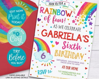 INSTANT DOWNLOAD, Editable Colorful Rainbow Birthday Party invitations, Rainbow printable corjl Rainbow party invitation watercolors RAI-1