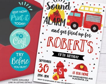 Fireman Birthday Invitation: Editable Firetruck Party Invite (Digital Download)