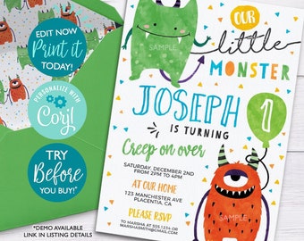 INSTANT DOWNLOAD - EDITABLE Little Monster Birthday invitations Monster Birthday corjl invitation little monsters party printable invitation