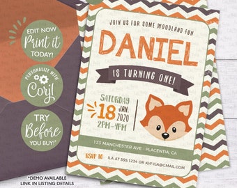 Fox Woodland Birthday Invitation: Editable Boy Invite (Digital Download)