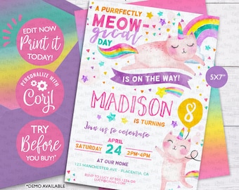 May include: A pink and purple invitation with a rainbow and a unicorn cat. The invitation says "A Purrfectly Meow-gical Day is on the way!" and "Madison is turning 8". It also includes the date, time, and location of the party.