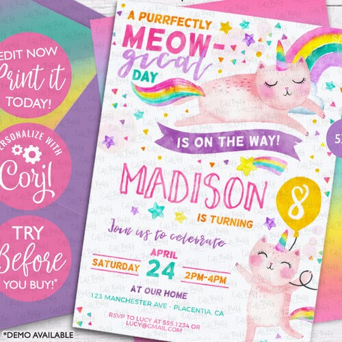Caticorn Birthday Party Invitation Cat Unicorn Birthday - Etsy