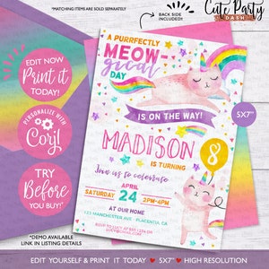 INSTANT DOWNLOAD, Caticorn Birthday Party invitation, Cat unicorn rainbow Birthday, corjl invitation girl Printable EDITABLE Caticorn #496