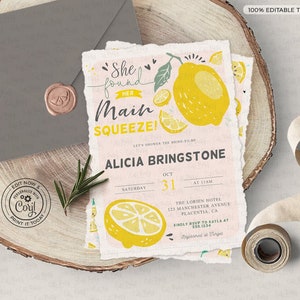 May include: A lemon-themed bridal shower invitation with a pink and yellow color scheme. The invitation features a hand-drawn illustration of lemons and the text "She found her main squeeze!"  Let's shower the bride-to-be, Alicia Bringstone. Saturday, October 31st at 11am. The Lorien Hotel, 125 Manchester Avenue, Placentia, CA. Kindly RSVP to Kayla at 555-1234. Registrations at The Knot.