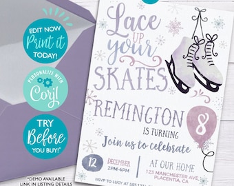 INSTANT DOWNLOAD - EDITABLE Ice Skating Birthday invitation Winter birthday invitation Printable Ice Skate corjl invitation watercolors Blue